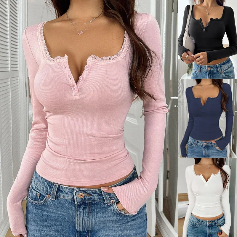 Fashionable Long Sleeve V-Neck Trim Women's Top Slim Fit Cross-Border Autumn Winter T-Shirt Polyester Skin-Friendly Breathable