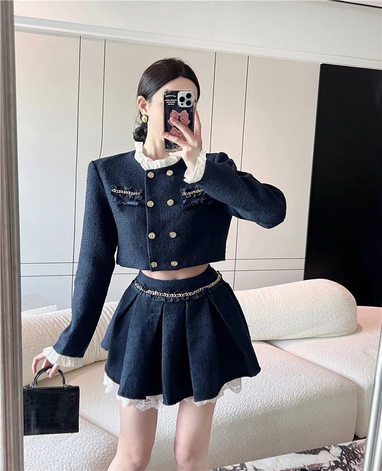 UNXX in Stock: Classic Ruffle Long Sleeve Wool Short Coat + High-Waist Lace Pleated Skirt Set, Women Female Office Lady Clothing