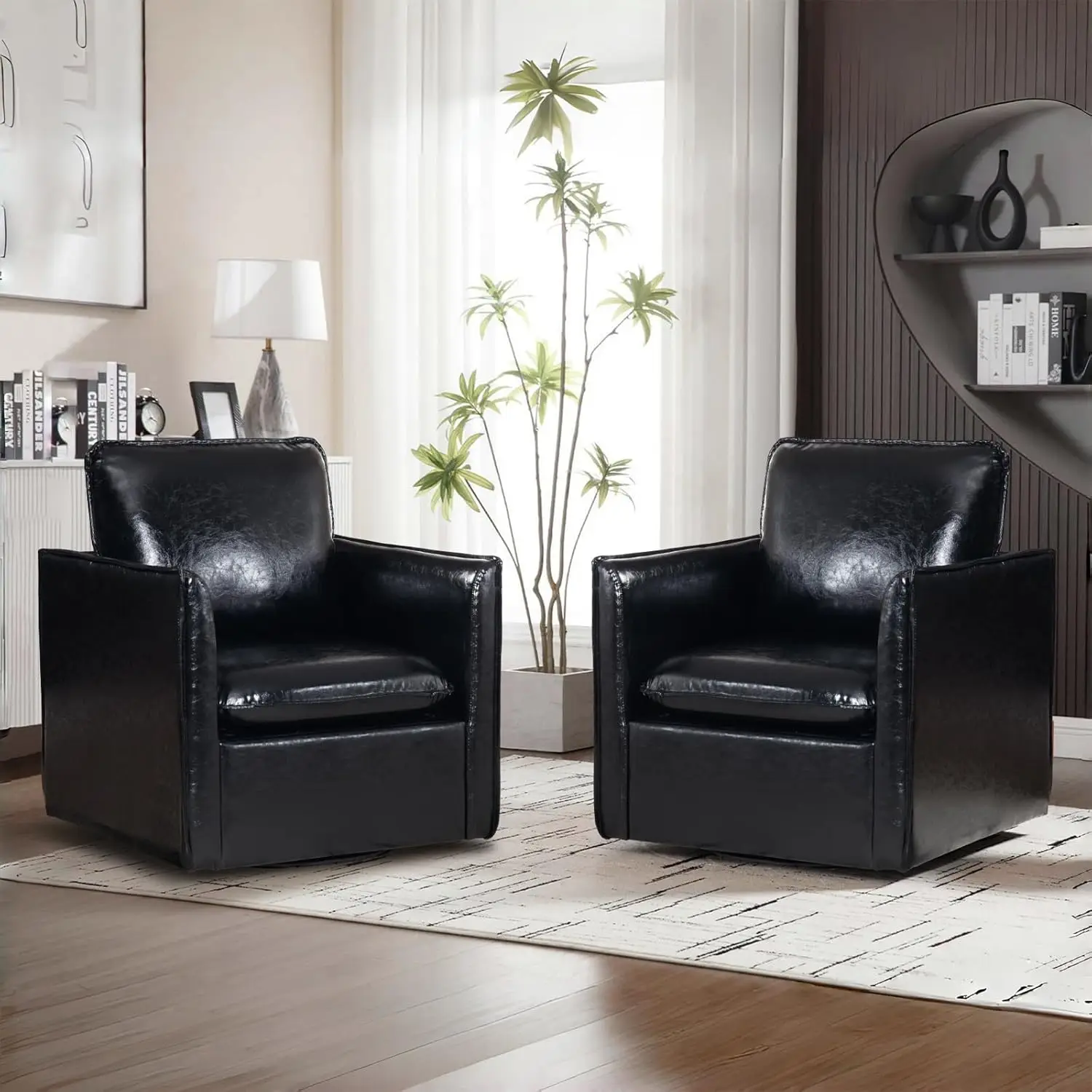 new Set of 2 Mid Century Modern Swivel Barrel Chairs, Leather Upholstered Armchair with Back Pillow, Stylish Accent Chair,Custom