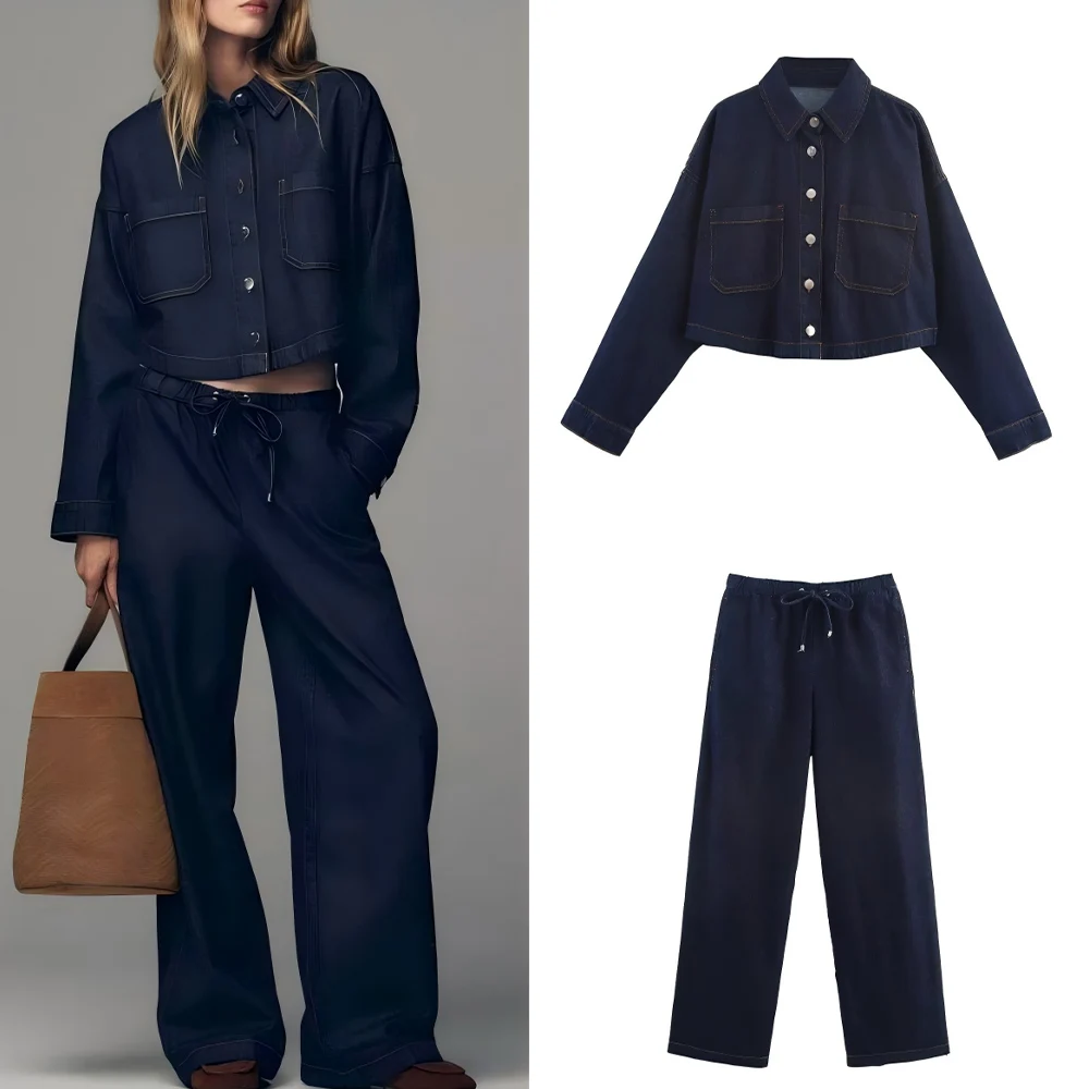 

Women's new fashion pocket decoration short single breasted denim shirt retro long sleeved women's shirt chic top+Jeans suit