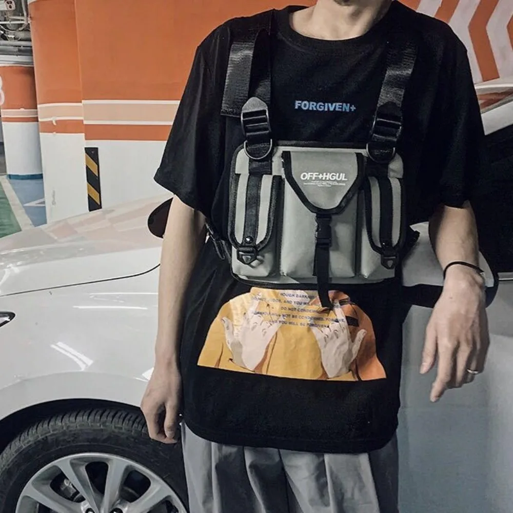Oxford Cloth Double Shoulder Chest Bag Fashion Cool Message Crossbody Pouch Streetwear Reflective Strip Man's Vest Bag Work