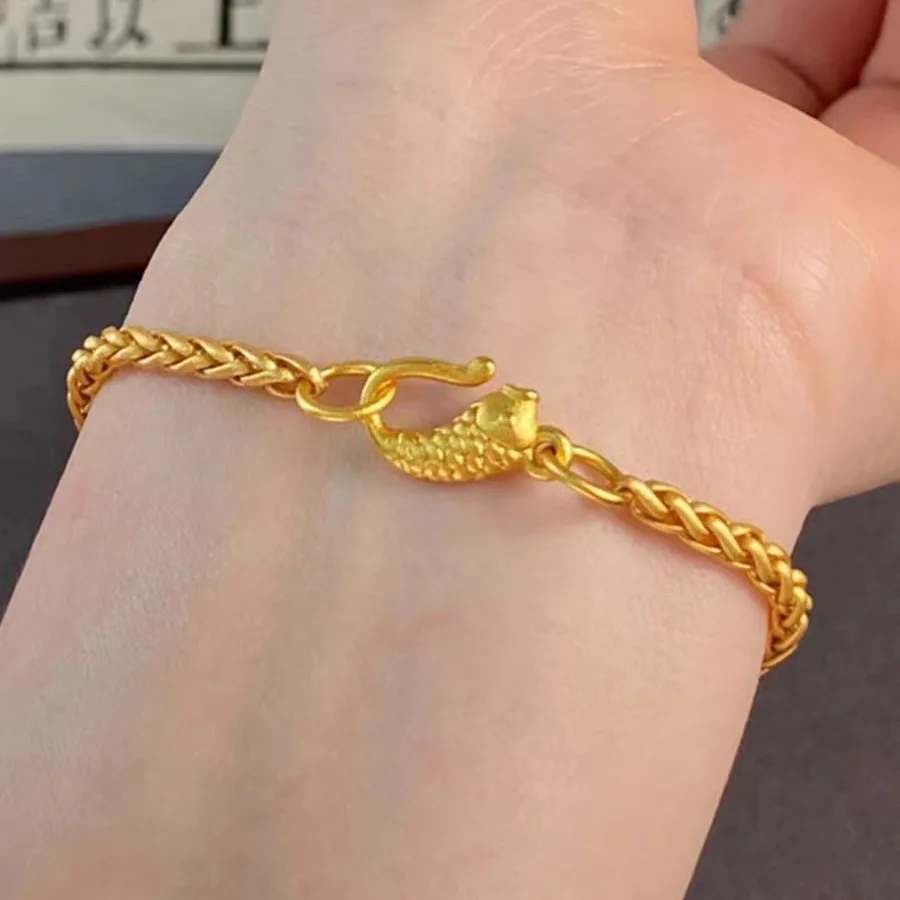 

Роскошный женский браслет из чистого золота 24K 9999 пробы с застежкой в виде карпа кои и элементами в виде маленьких рыбок и пшеницы