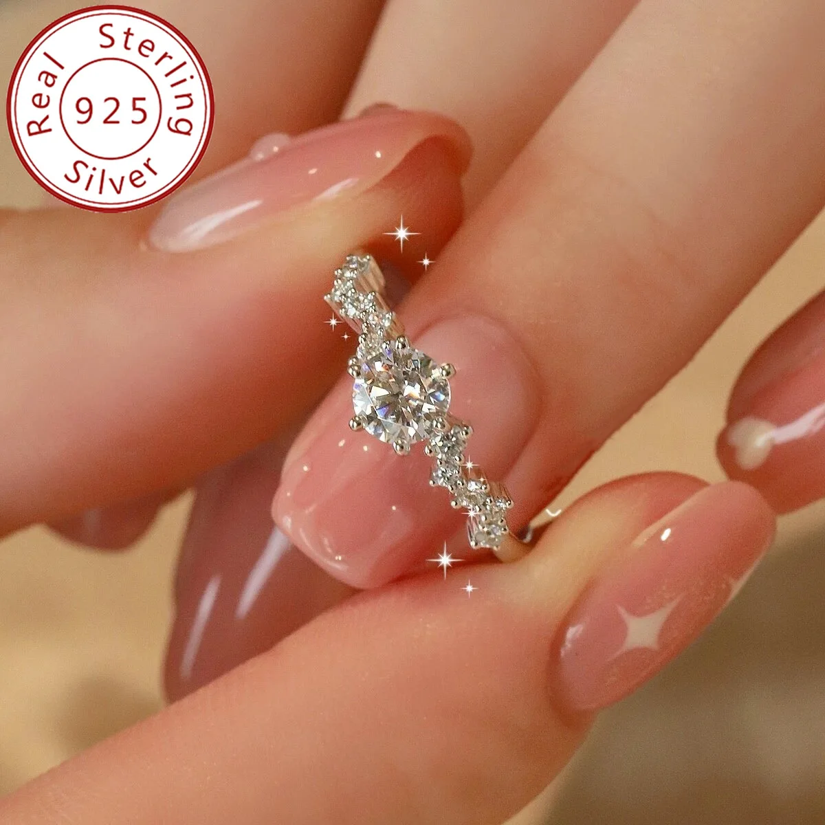 S925 خاتم هندسي مطلي بالروديوم 1CT D اللون مويسانيتي بستة شوكات للنساء، مجوهرات رائعة