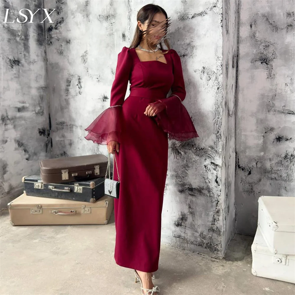 

LSYX Square Neck Flare Long Sleeves Crepe Evening Dresses Sheath Ankle length Elegant Prom Dresses Custom Made