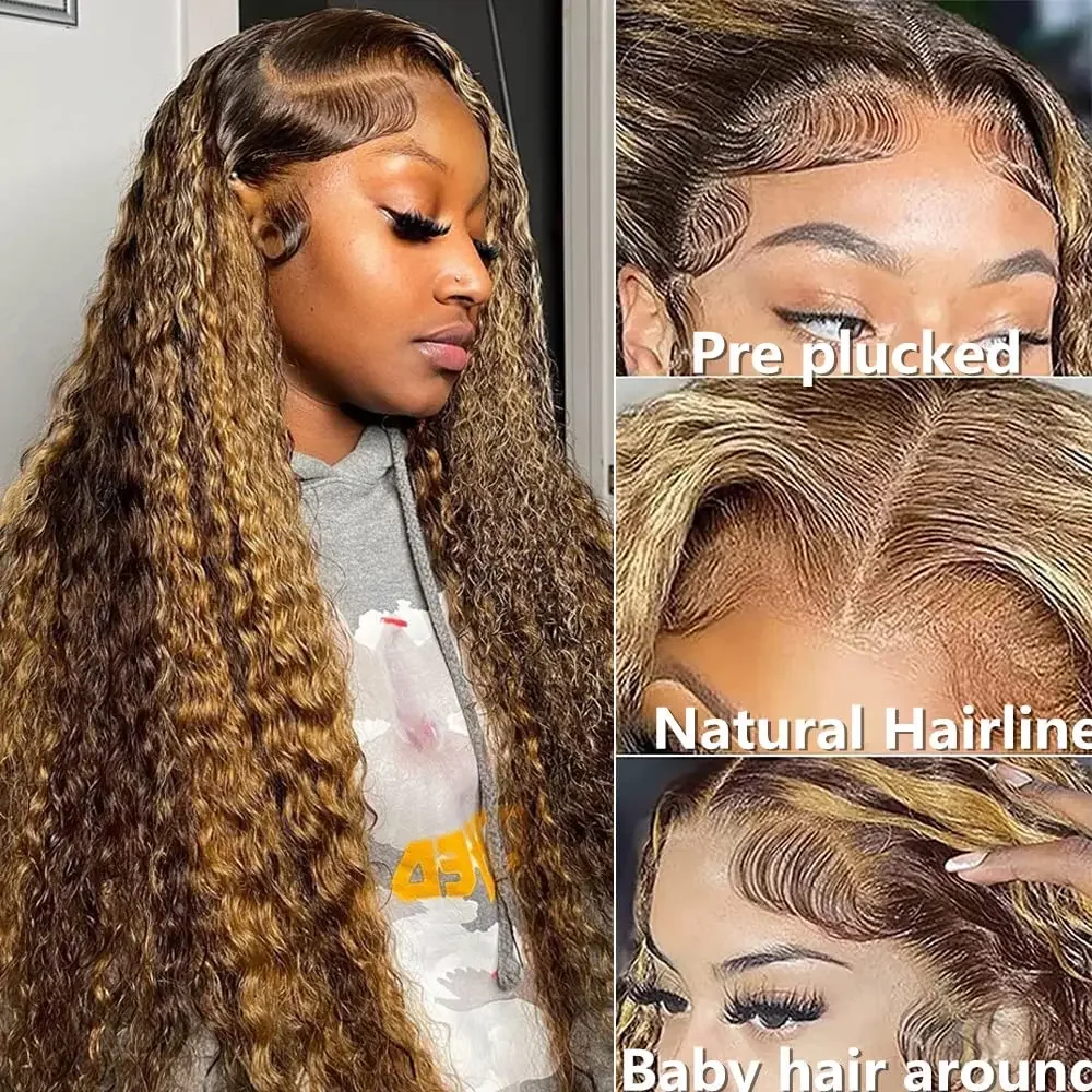 Peluca de cabello humano con ondas profundas para mujeres negras, pelo rizado con malla frontal hd 13x6, 300% reflejos, Rubio degradado, 4/27