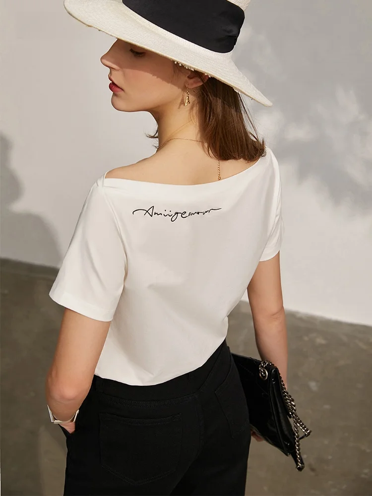 

Новая летняя женская футболка Slim Fit с коротким рукавом, вышивкой, из хлопка Ice Porcelain, на одно плечо, с принтом в виде сердца