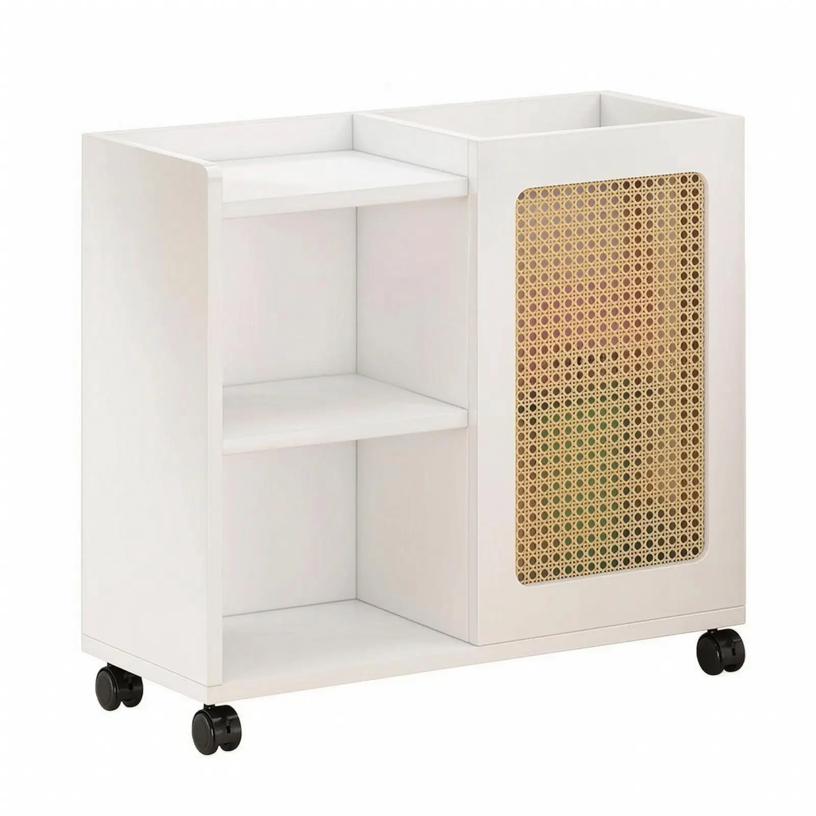 Storage Cabinet with Wheels Wooden Rattan Storage Cabinet Woven Rolling Wicker Natural for Yogis, Living Room, Fitness Studio