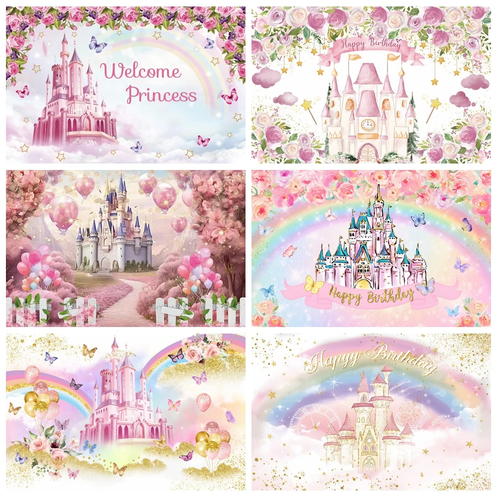 

Rainbow Castle Princess Backdrop Dreamy Castle Girl 1st Birthday Party Flower Butterfly Baby Shower Photography Background Props