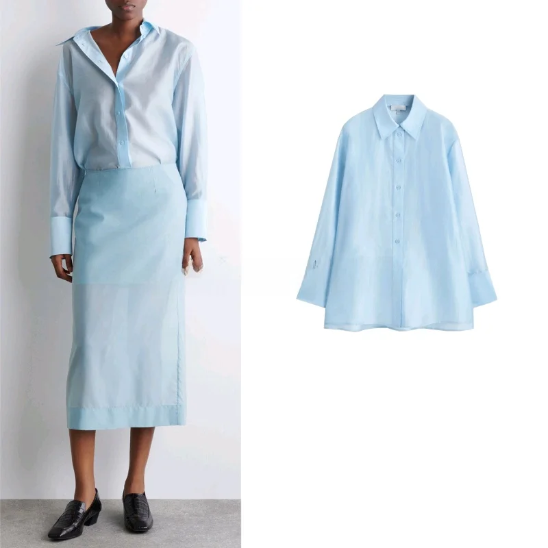 

New Autumn Women's Stand Fit Long Sve irt with See tough Texture Turn down Collar Casual Loose Polyester Top