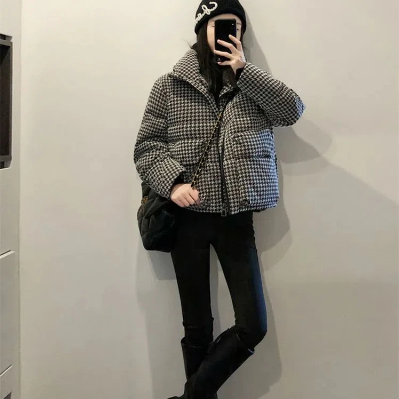 Autumn Houndstooth Parkas Women Loose Contrast Color Fashion Pocket Zipper Lapel Thermal Office Lady Short Down Cotton Coats