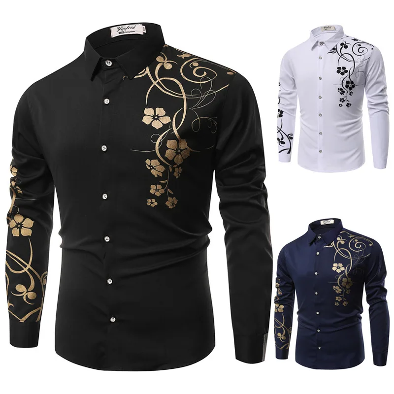 

24 Foreign Trade Fashion Bauhinia Flower Men's Slim Fit Long sleeved Shirt Casual Shirt Men's M-5XL