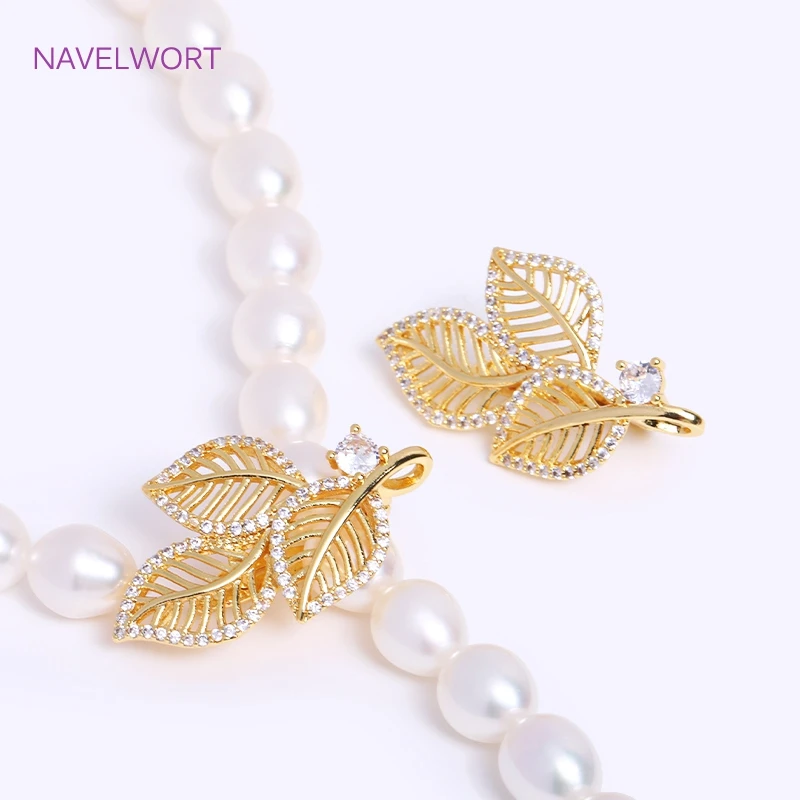 

18K Gold Plated Leaf Pearl Clasp Fastener For Jewelry Making,Inlaid Zircon Pearl Clasp Connector,Premium Luxury Accessories