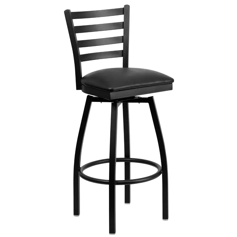 2023 New HERCULES Series Black Ladder Back Swivel Metal Barstool - Black Vinyl Seat