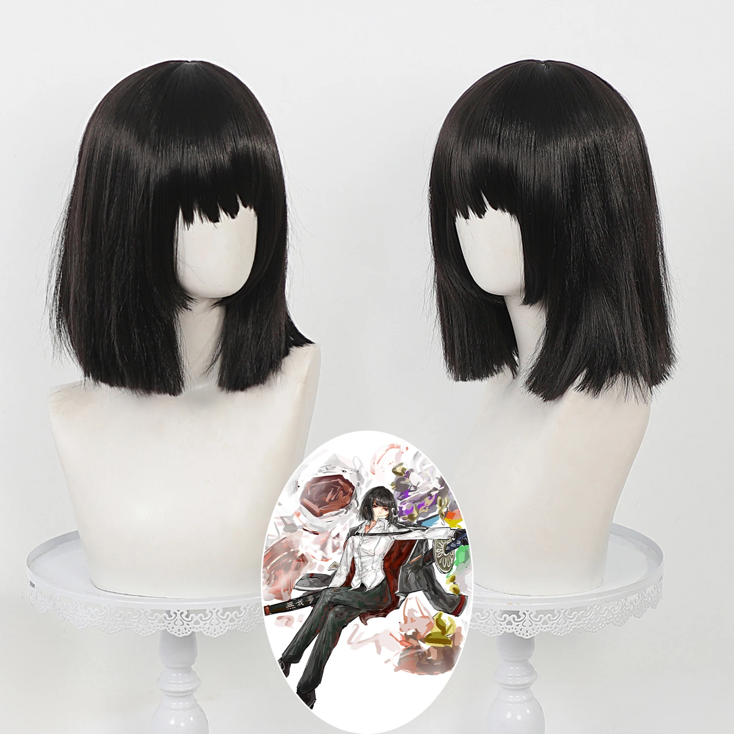 Anime Limbus Company Ryoshu Cosplay Wig Black Short Clavicle Bob Wig Real‑Skin Scalp Design Synthetic Wig For Carnival Cosplay