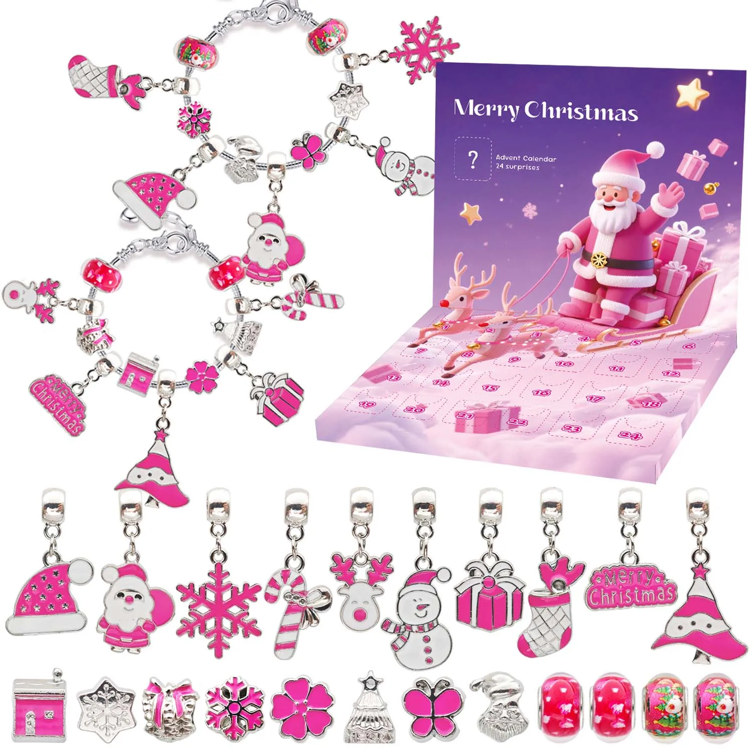 

New pink calendar bracelet gift, 24 days countdown to Christmas bracelet making kit, creative DIY handmade beaded jewelry gift s