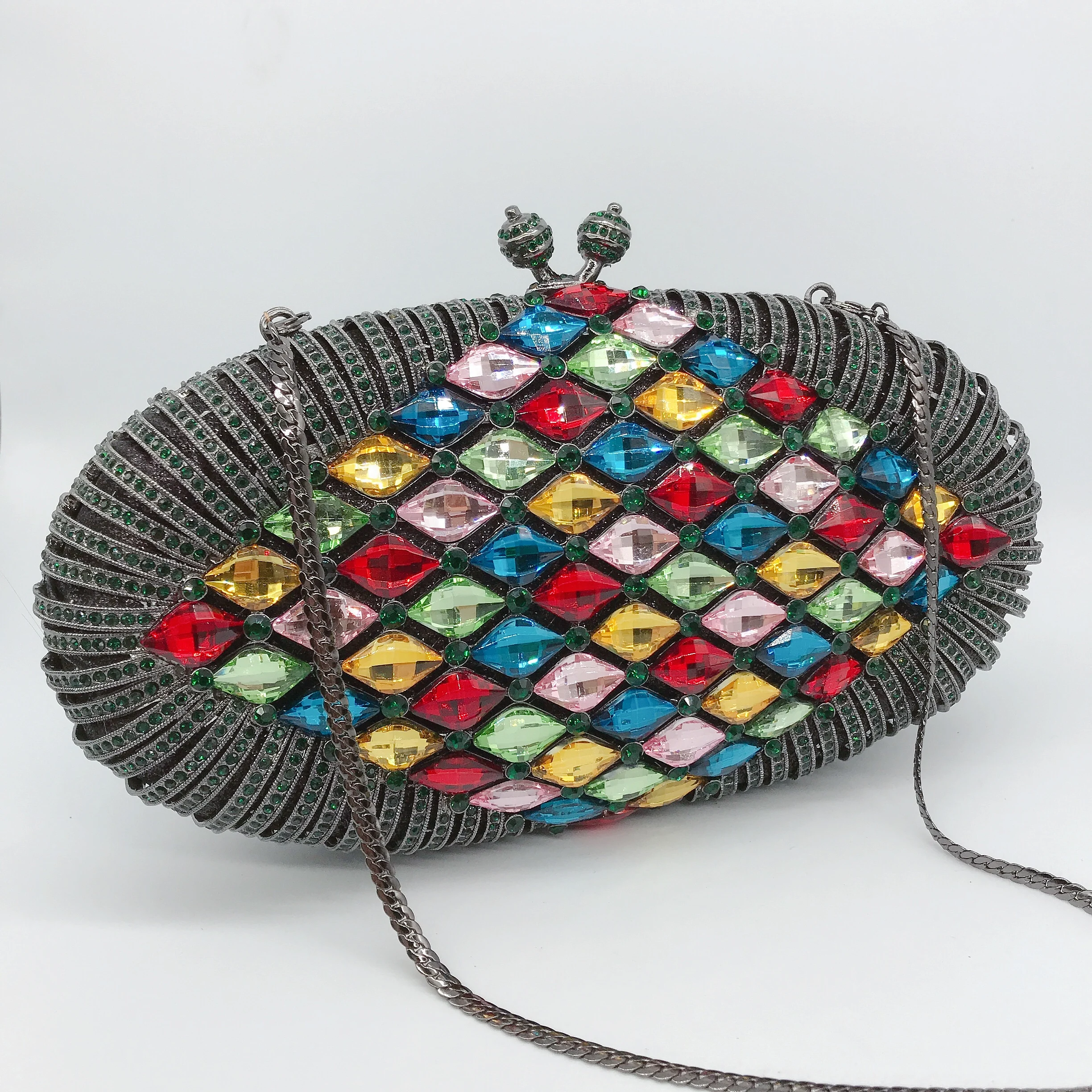 High Quality Colorful Gemstone Rhinestone Evening Bag Luxury Metal Chain Hollow Ladies Handbag