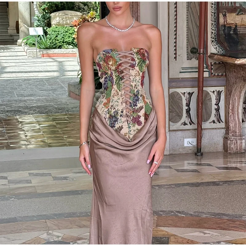 

Sexy Printed Lace Up Vest Women's Chic Sleeveless Pleated Fitted Waist Tops 2025 Party Club High Street Lady Blouses