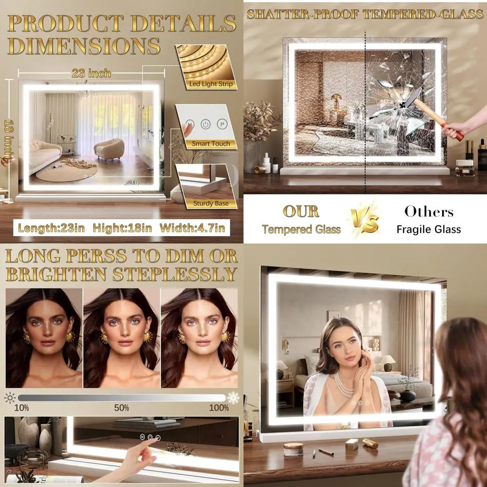 مرآة زينة LED مقاس 18 × 23 بوصة مع تحكم باللمس، ضوء قابل للتعتيم بثلاثة ألوان للمكياج والخلع الملابس #1
