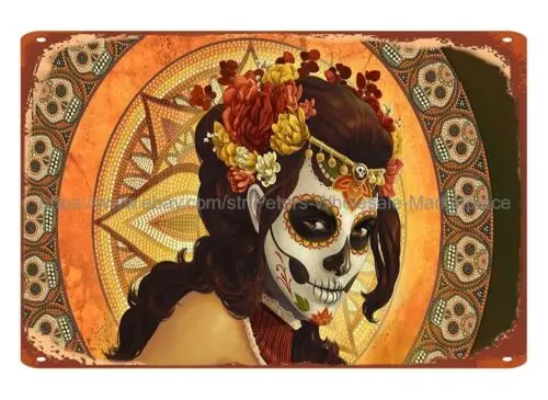 sugar skull Mexico Día de Muertos day of dead metal tin sign patent plaques