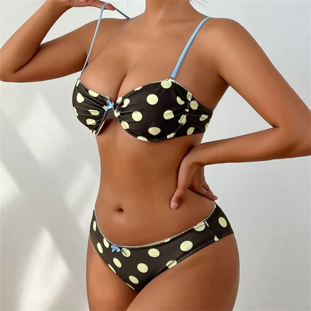 Sexy Lace Border Dot Bikini Bowknot Push Up Bandeau Sling Swimsuit Women Elegant Swimwear Beachwear Bathing Suit Vacation Outfit