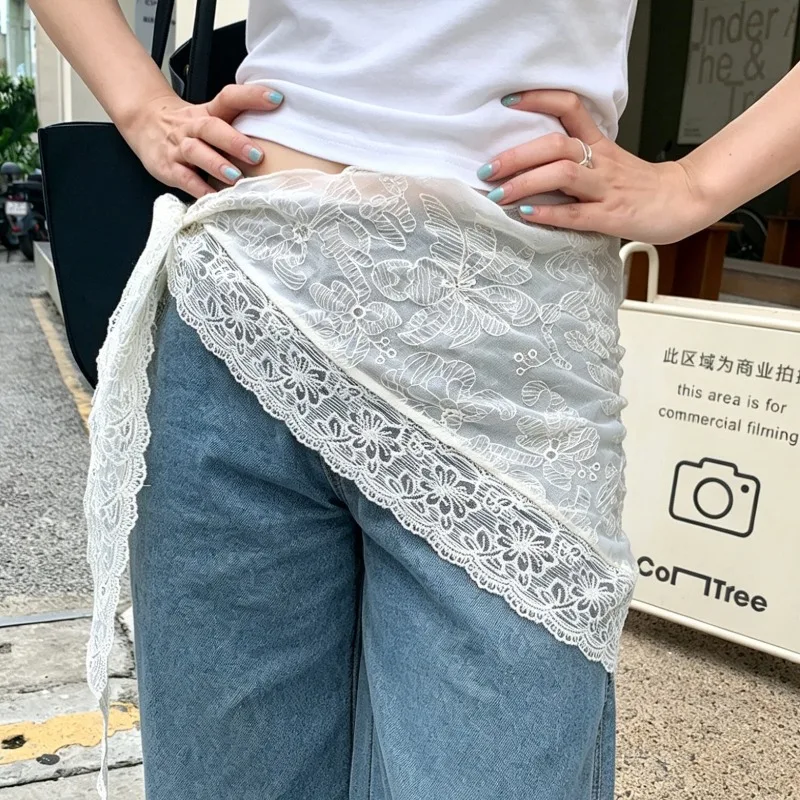 

French Beige Lace Scarf Belt Vintage Tassel Waist Wrap, Multifunctional Triangle Shawl As Skirt Cover Up Bohemian Sash for Women