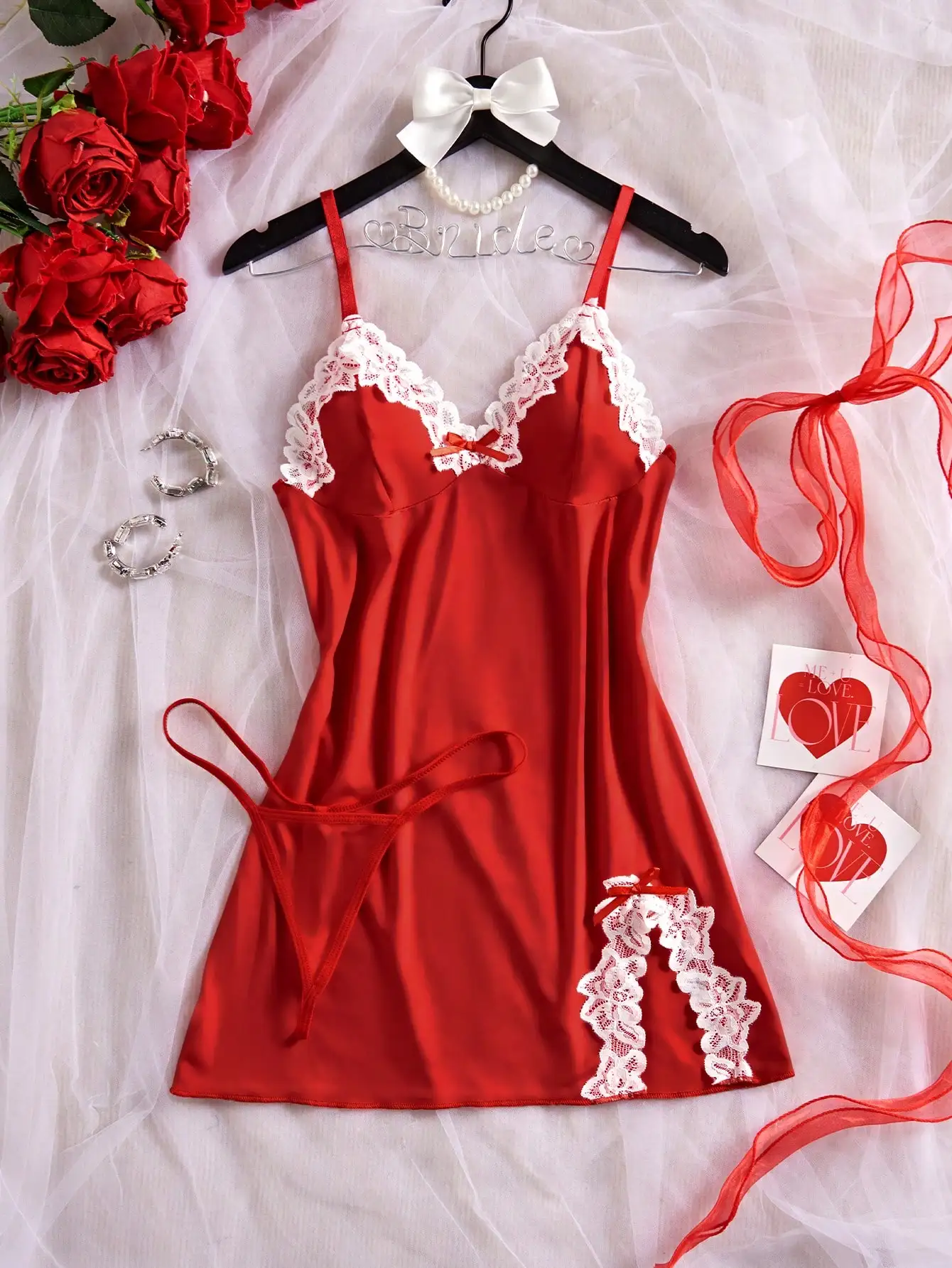 

Red Satin Chemise with White Lace Trim and Bow Detail, Spaghetti Strap Nightgown with G-String