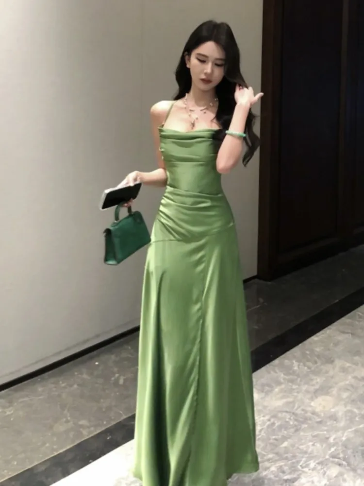 French Elegant Satin Women's Dresses Summer Swing-Collar Side Slit Slim Sexy Green Sling A-line Dress Party Evening Chic 2025