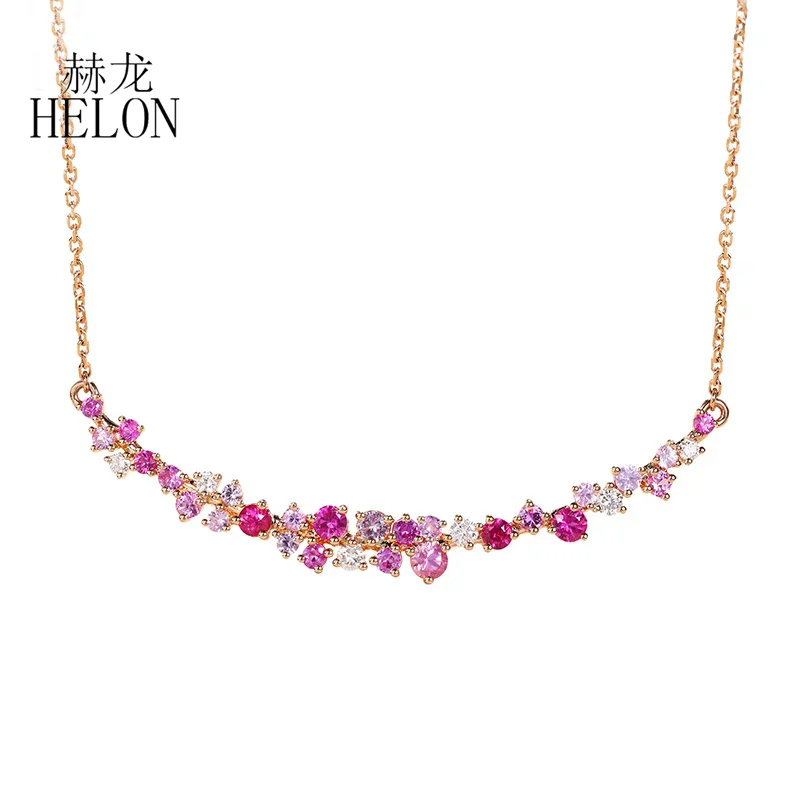 HELON Solid 14k AU585 Rose/White Gold Round Cut 1ct Pink/Blue Sapphires Smile Necklace For Women Real Diamonds Chain Pendant