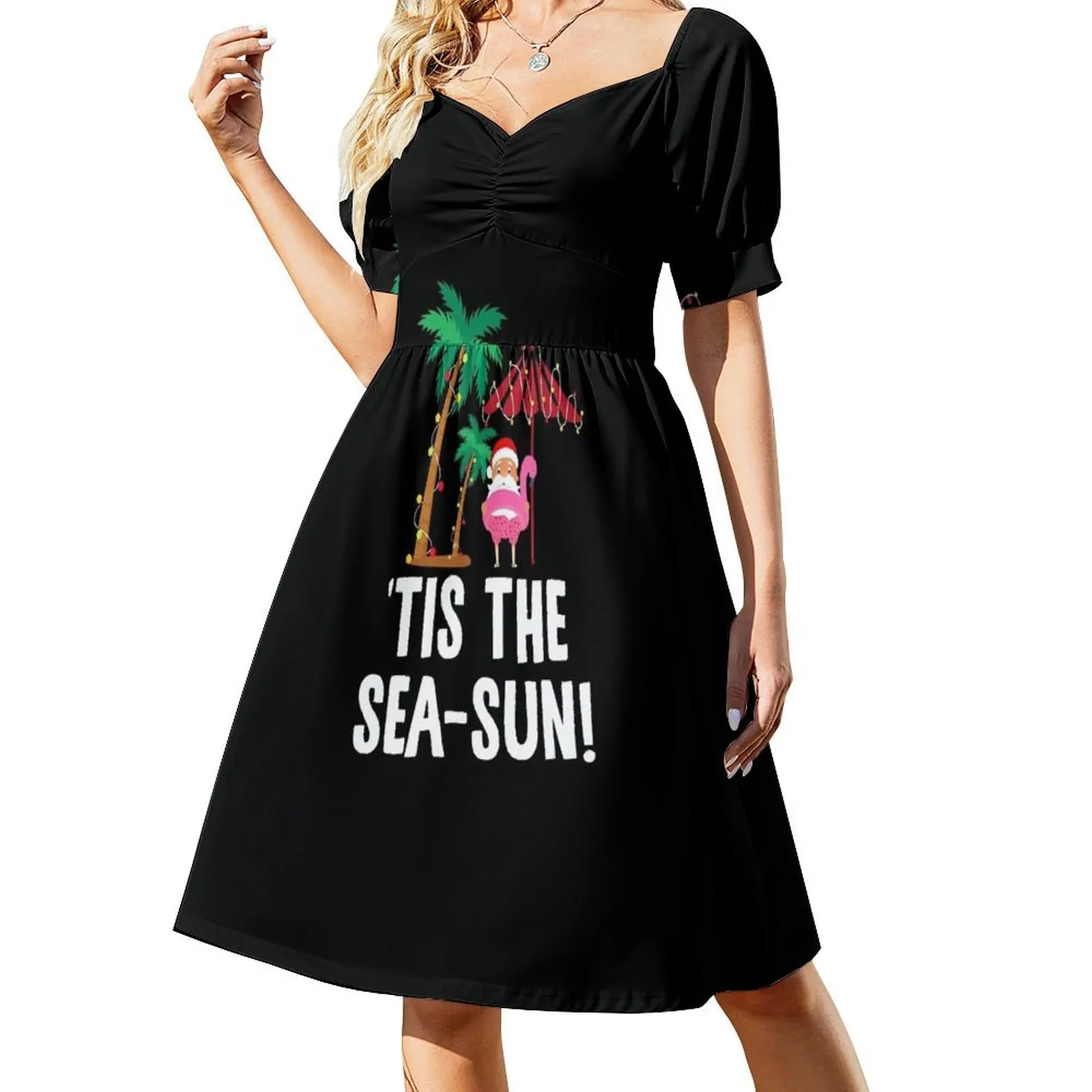 Tis the Sea-Sun Tropical Christmas Season Santa Flamingo Fan Short Sleeved Dress Women's summer suit Dress