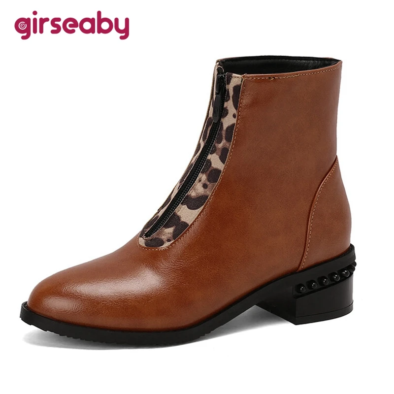 Girseaby Women New Pointed Toe Ankle Boots 4.5cm Thick Square Heels Leather Big Size US17 45 46 48 50 Black Brown Red Blue