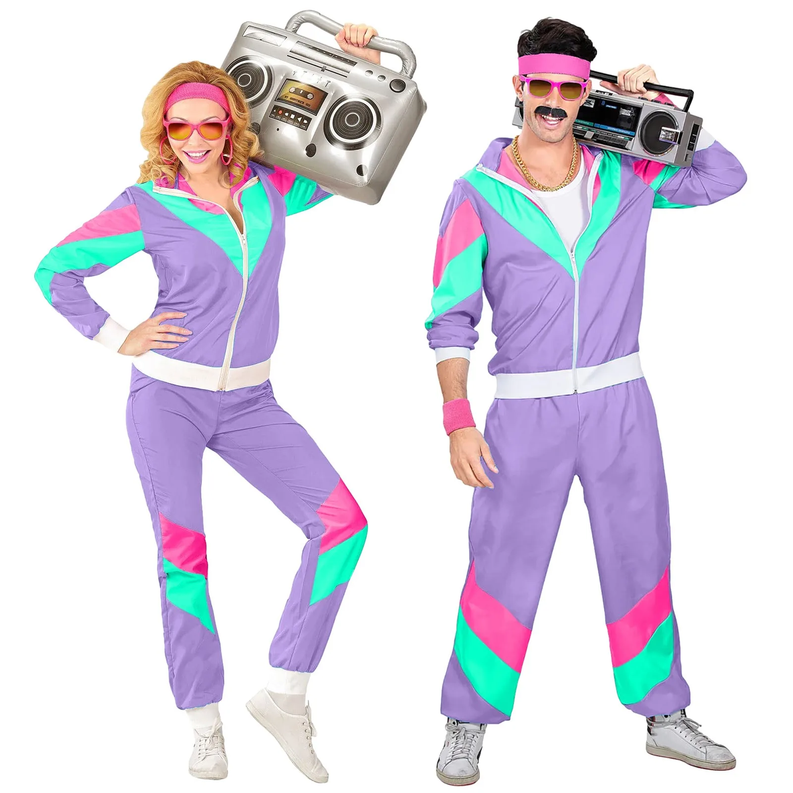 

Adult 80s Carnival Tracksuit Cosplay Retro Hip Hop Windbreaker Disco Tracksuit Sets Colorblock Outfits Set Hippies Costumes