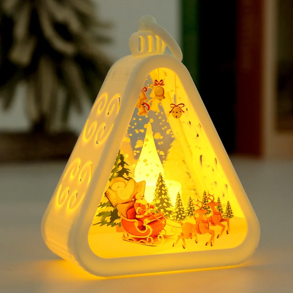 Button Battery Christmas Night Light Cartoon Snowflake Santa Claus Luminous Lamp Pendant Hollow Out Triangle Lantern Bedroom