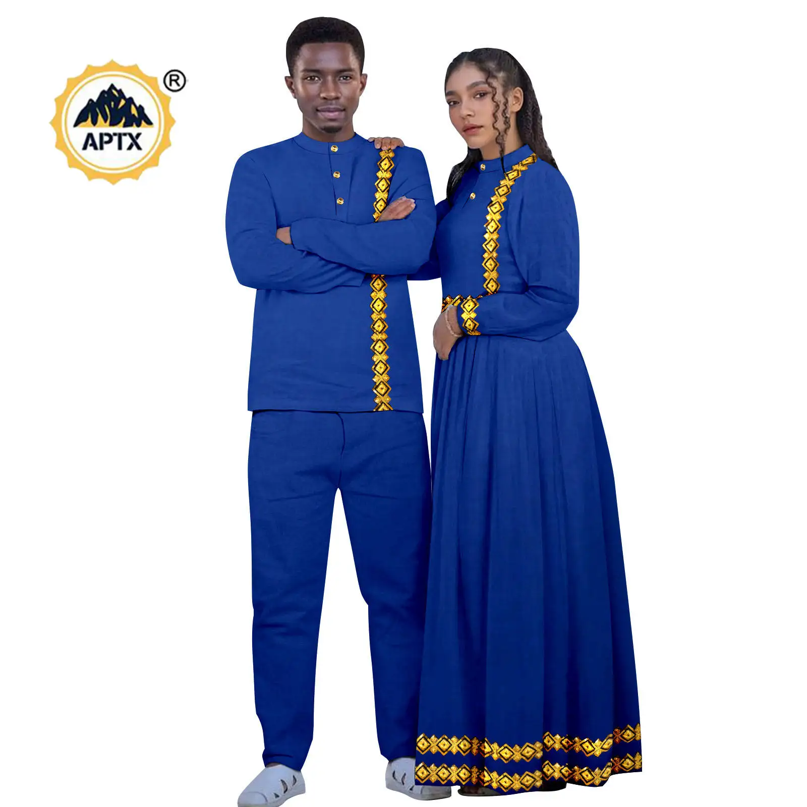 African Clothes Bazin Riche Women Appliques A-line Long Dresses Matching Men Outfit for Couples Men Top and Pant Sets 24C072