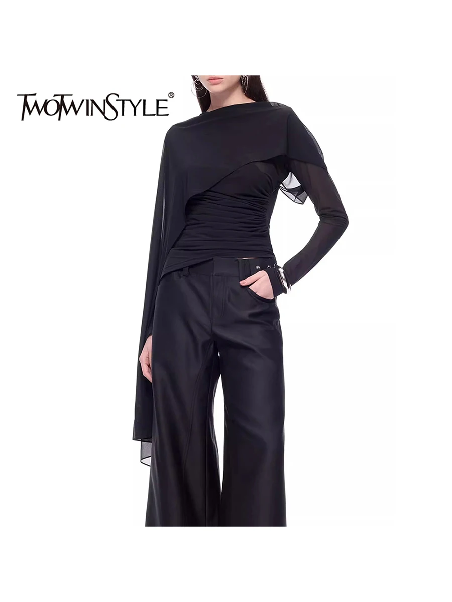 

TWOTWINSTYLE Solid Irregular Cape T Shirts for Women O Neck Long Sleeve Slim Temperament Sheer T Shirt Female Fashion Style New