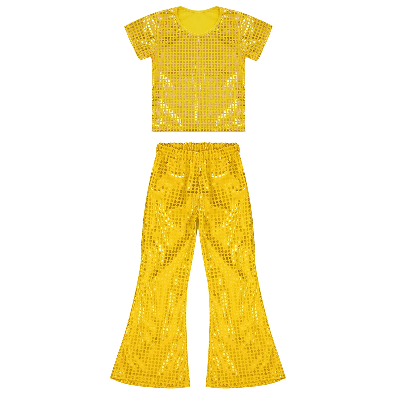 

Children's Street Jazz Dance Costume Outfits Flared Pants + T-shirt Shiny Sequins Streetwear Kids Boys Girls Hip-Hop Party Sets