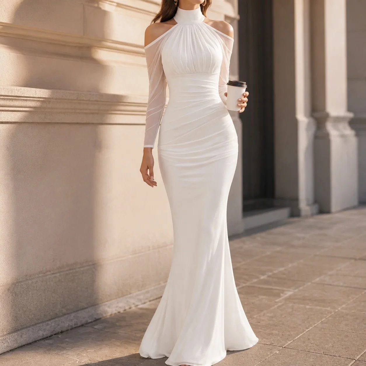 Single Halter Neck Gown Mermaid Elegant with Pleated Dress for Women Maxi Length Off Shoulder Sleeve Three Quarter Sleeve