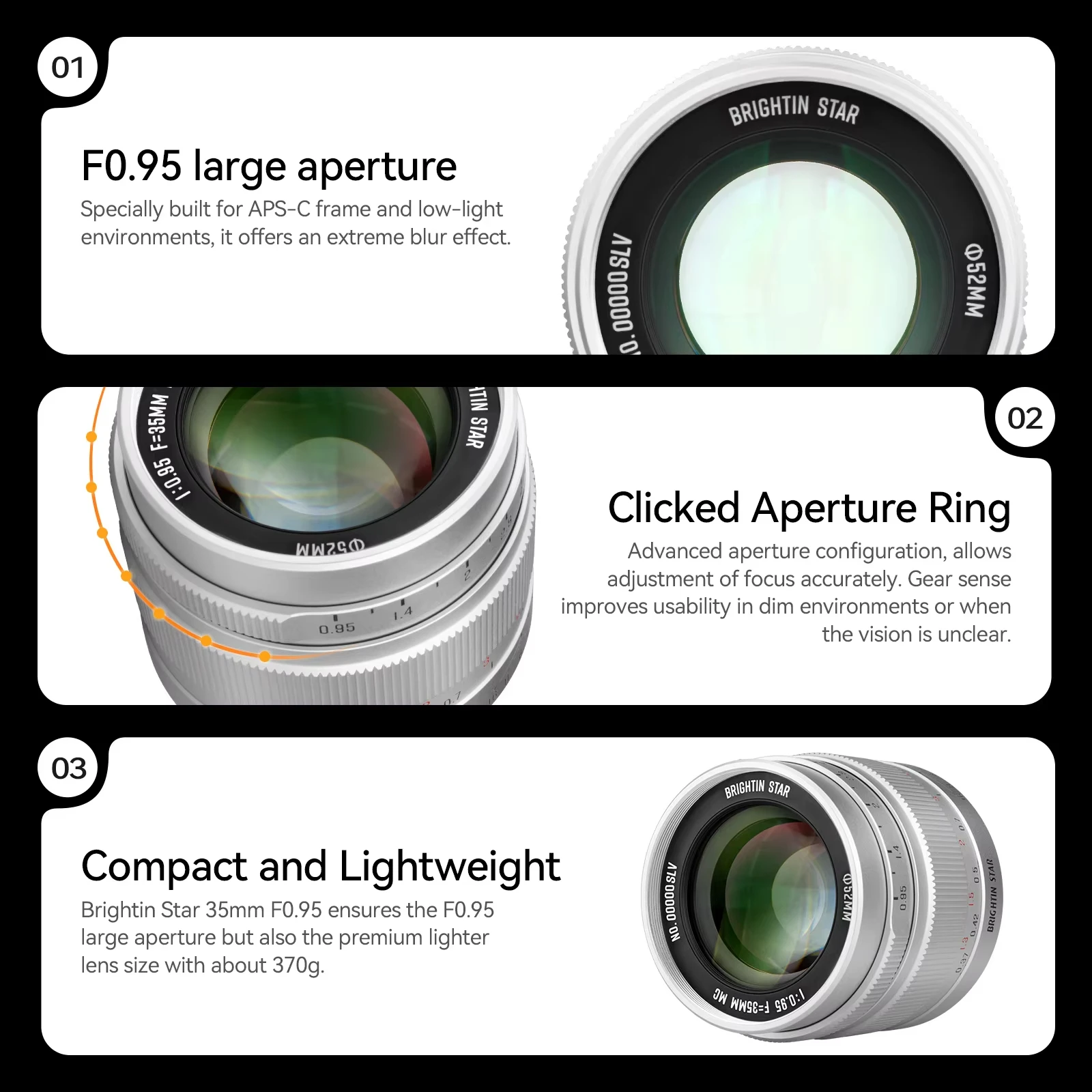 Brightin Star 35 мм F0.95 Объектив для беззеркальной камеры с большой диафрагмой APS-C ручной фокусировкой Sony E Nikon Z Fuji X Canon RF Фото №4