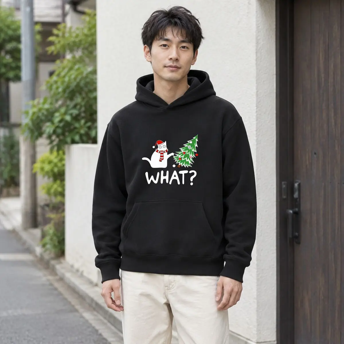 Festive Christmas Cat What Question Mark Tree Autumn and winter new men's and women's hooded sweatshirts