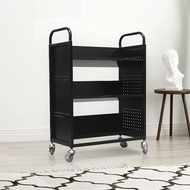 Library black three-layer V-shaped silent archive book cart Library equipment Small cart Reading room Flat book cart