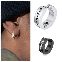 Mens Norse Viking Runes Ear Clips Earrings for Male Boys Gifts Jewelry Stainless Steel Huggie Hoops No Peircing