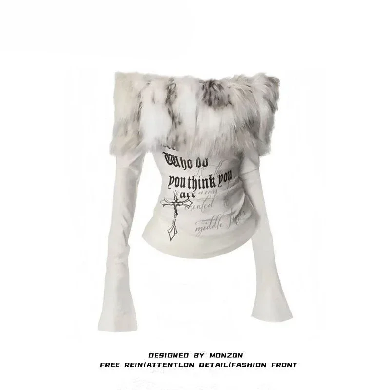 

Y2k Emo Women Korean Streetwear Japanese Fur Collar Tops Off Shoulder Long Sleeve Aesthetics Letter T-shirt 2000s Alt Clothes