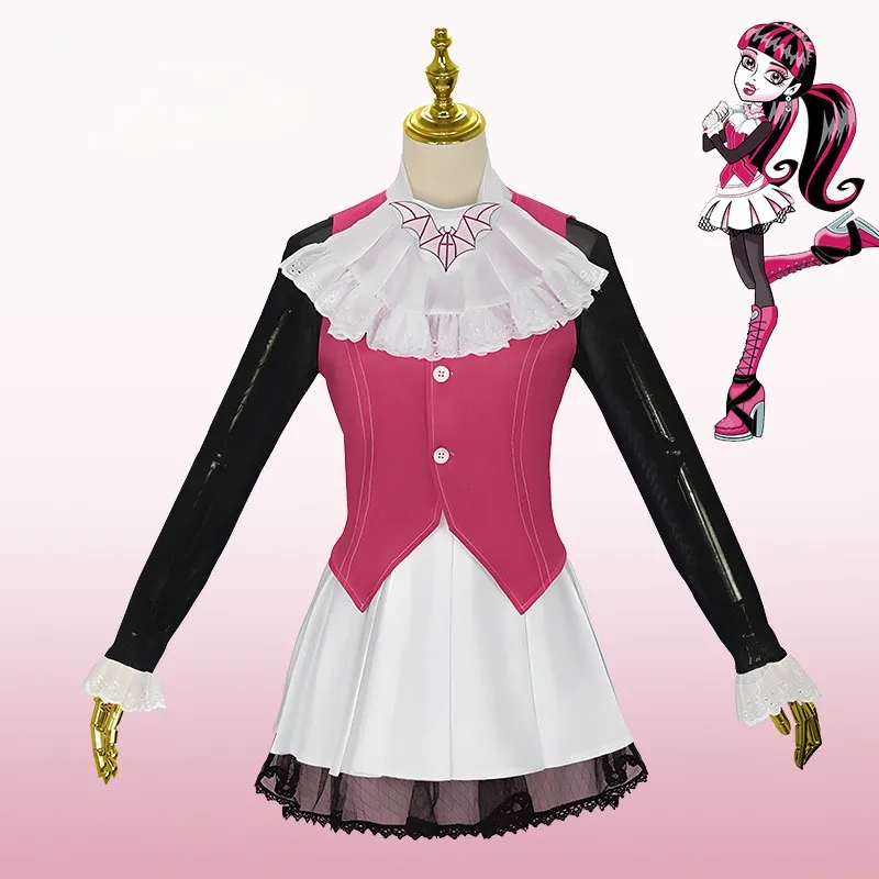 Disfraz de Draculaura, Vestido de Vampiresa Gótica de Monster High, Chaleco Rosa, Falda Blanca, Atuendo para Fiesta de Halloween para Mujer