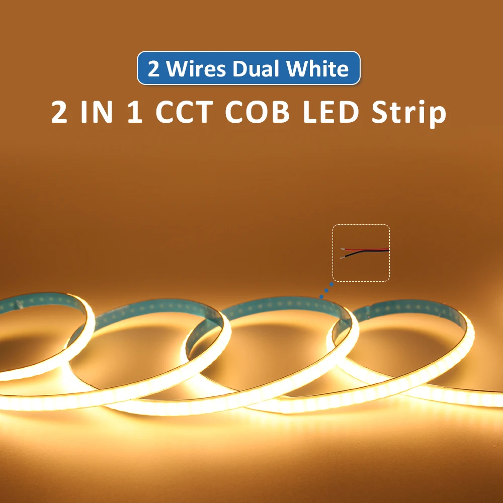 Dc12v 24v cct cob luz de tira 5m branco regulável temperatura de cor dupla ajustável 600 leds/m fita flexível cw ww iluminação led