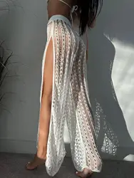 White Wide Leg Pants Women Summer Beachwear Outfits Crochet Split Long Pants Loose Hollow Out See Through Pants Sexy Bottoms