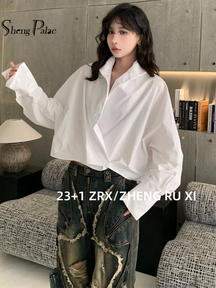 SHENGPALAE Spring Fashion Single Shirt ,turn-down Collar Full Sleeves Cotton Short Blouse Tide CPG2609