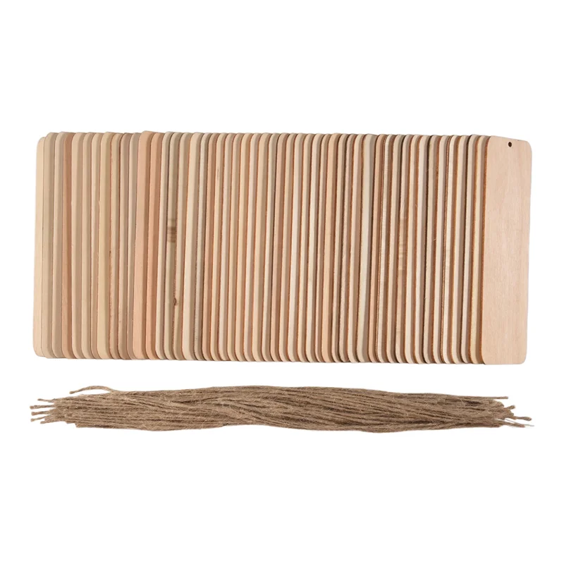 A13E-50 PCS Wood Blank Bookmarks Unfinished Wooden Book Marks Hanging Tag With Holes And Ropes DIY Craft Projects