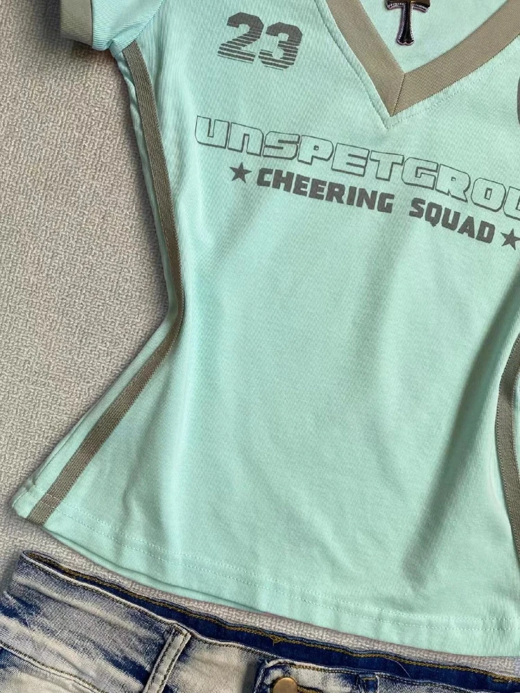 HOUZHOU 미국 복고풍 스포츠 티셔츠 여성 Y2k 섹시한 v 넥 반팔 티셔츠 빈티지 패치 워크 Coquette Blokecore 티셔츠