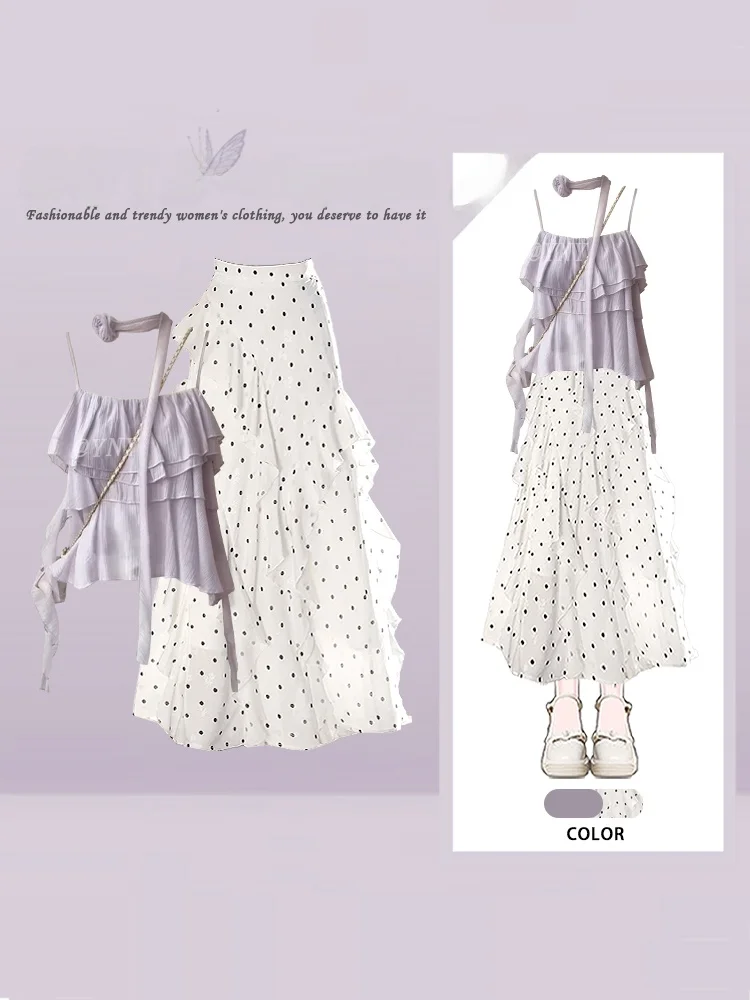 Ladies Vintage Soft Purple Lace Trimmed Chiffon Halter Top And Skirt Two Piece Set Summer Polka Dot  Skirt Ensemble