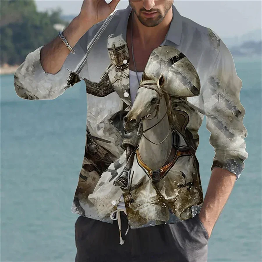 Camisa con estampado 3D de Legion Knight Patriot para hombre, patrón transparente, botón de manga larga para calle al aire libre, diseñador de ropa de algodón