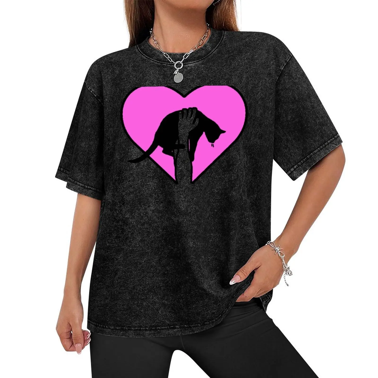 Black Cat, Pink Heart T-Shirt oversized t shirt plus size clothes custom t-shirts topping mens clothing